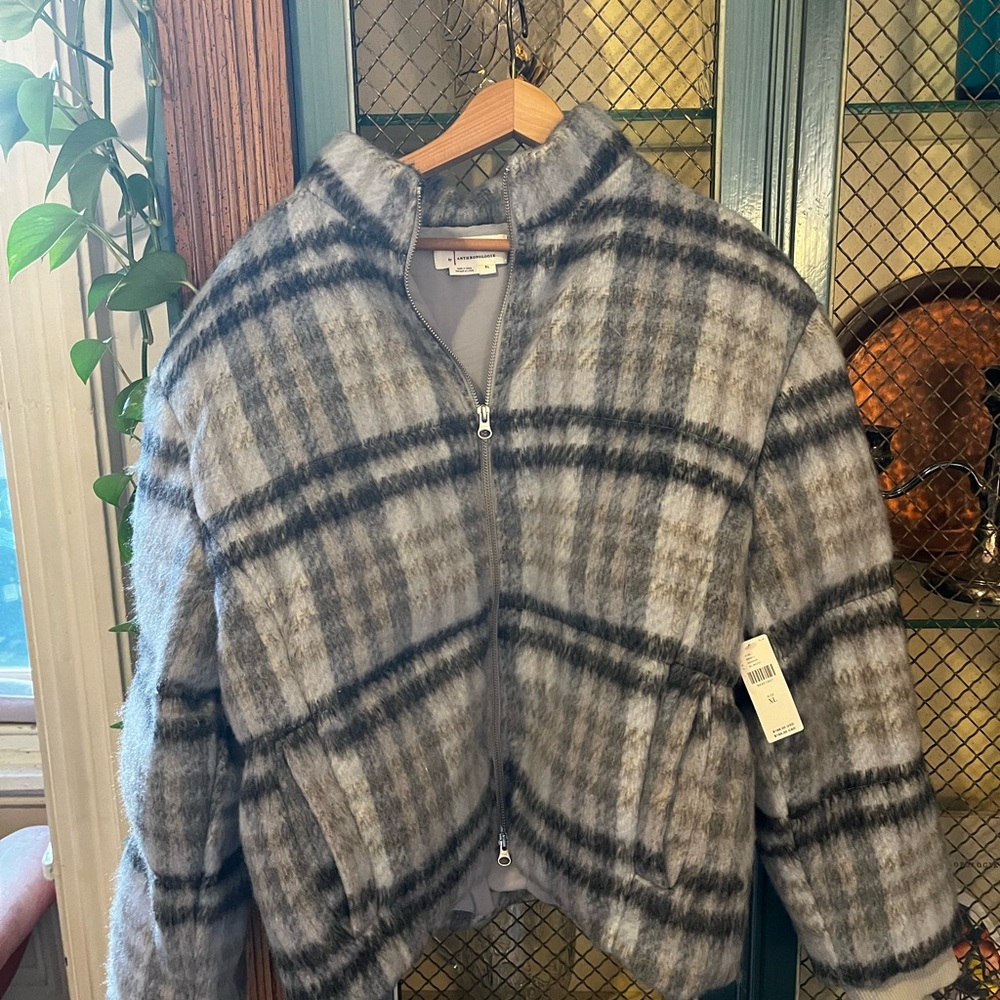 Anthropologie Gray Plaid Puffer Jacket